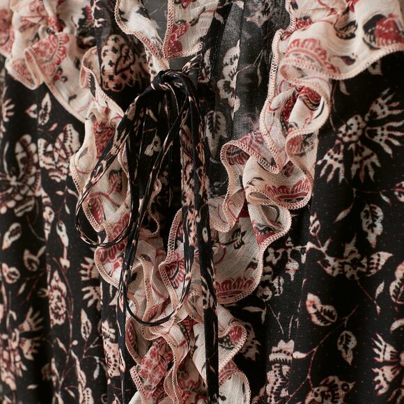 H&M Dark Floral Dress Black Red Tier Maxi Ruffle Long Sleeve Prairie - Picture 7 of 7